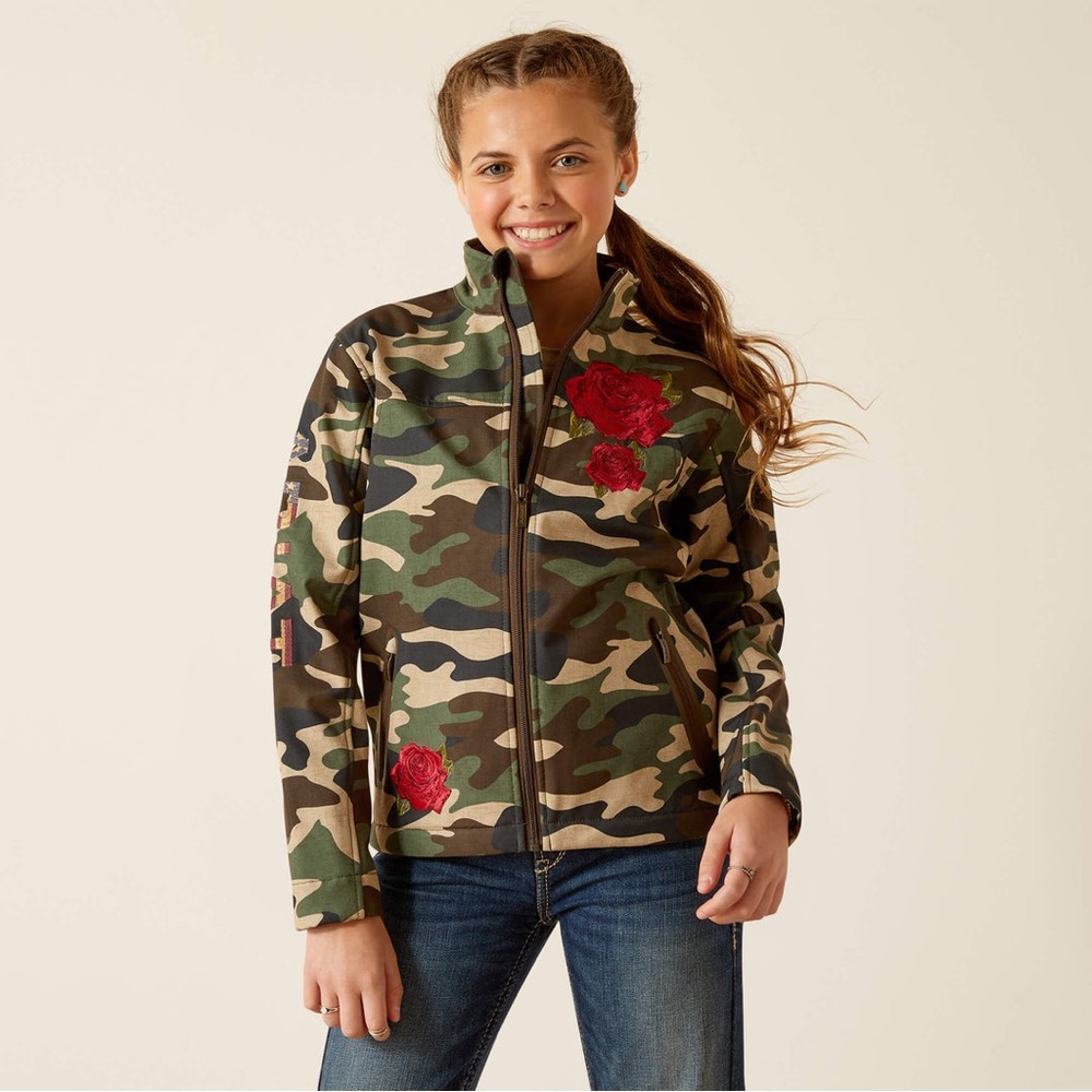 Camouflage Jacket with Red Rose Embroidery
